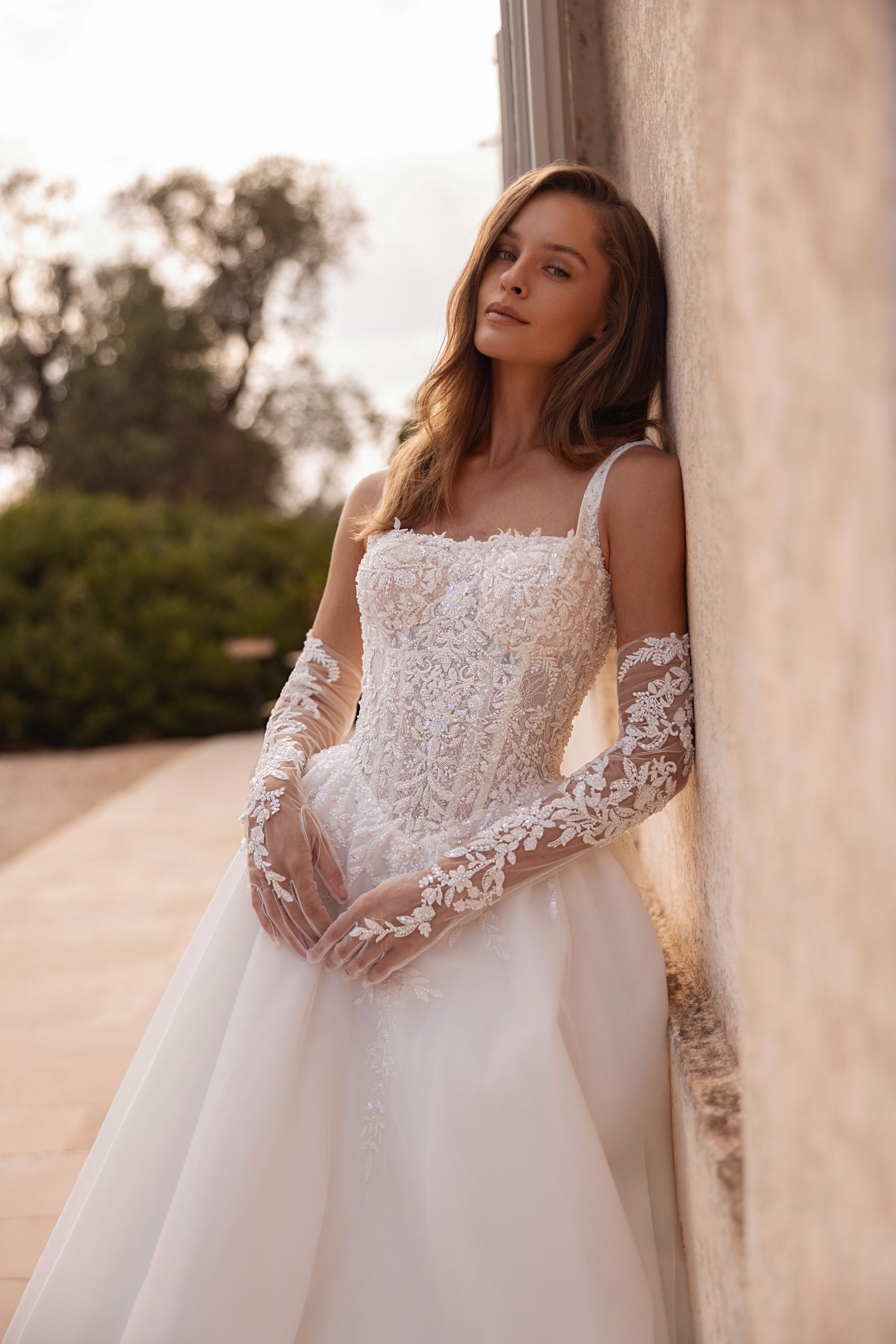 Square Neck A-Line Wedding Dress with Lace Bodice and Detachable Sleeves