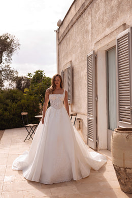 Square Neck A-Line Wedding Dress with Lace Bodice and Detachable Sleeves
