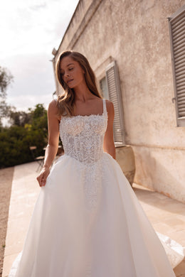 Square Neck A-Line Wedding Dress with Lace Bodice and Detachable Sleeves