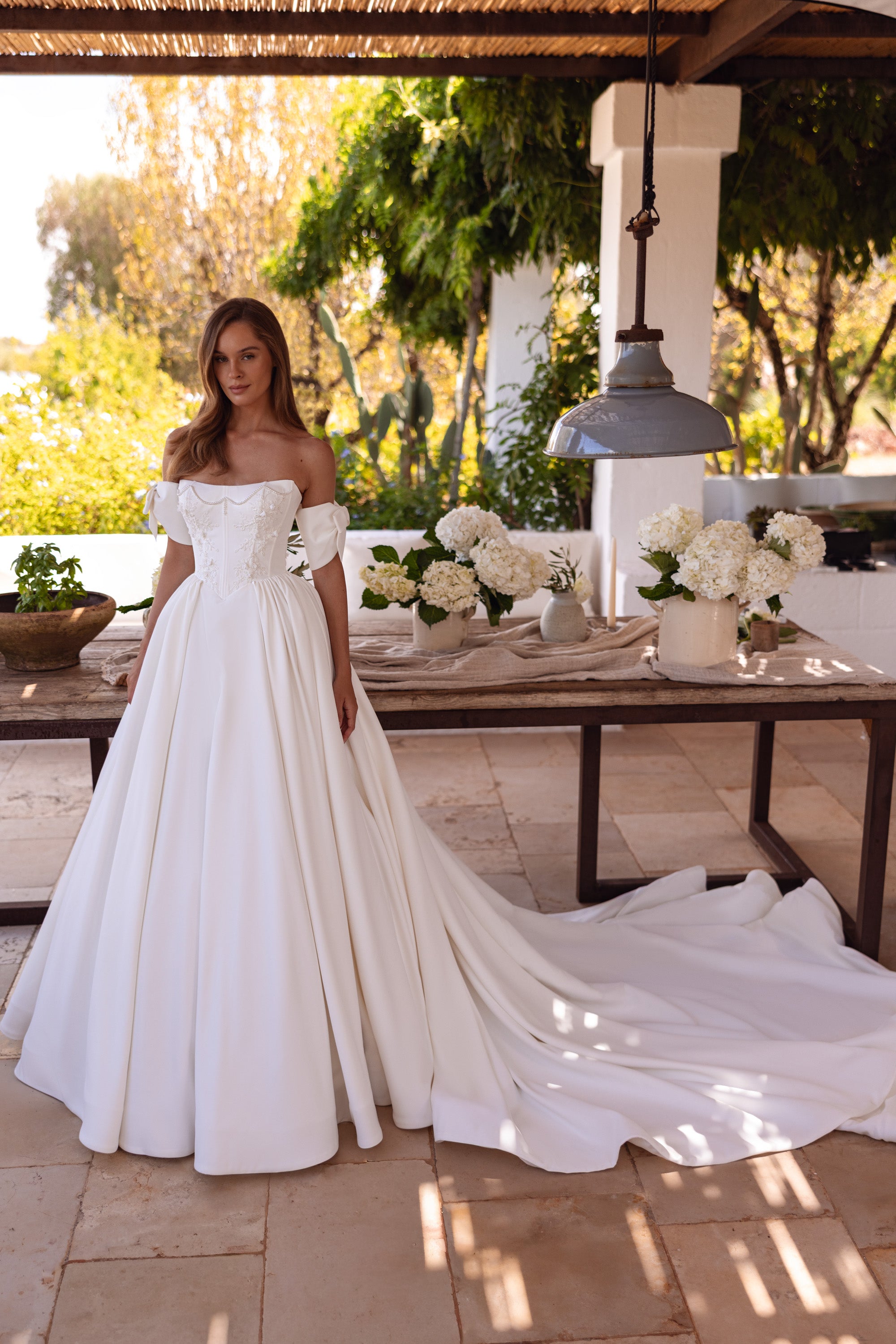 Bardot Ball Gown Wedding Dress with Beaded Bodice and Bow Sleeves