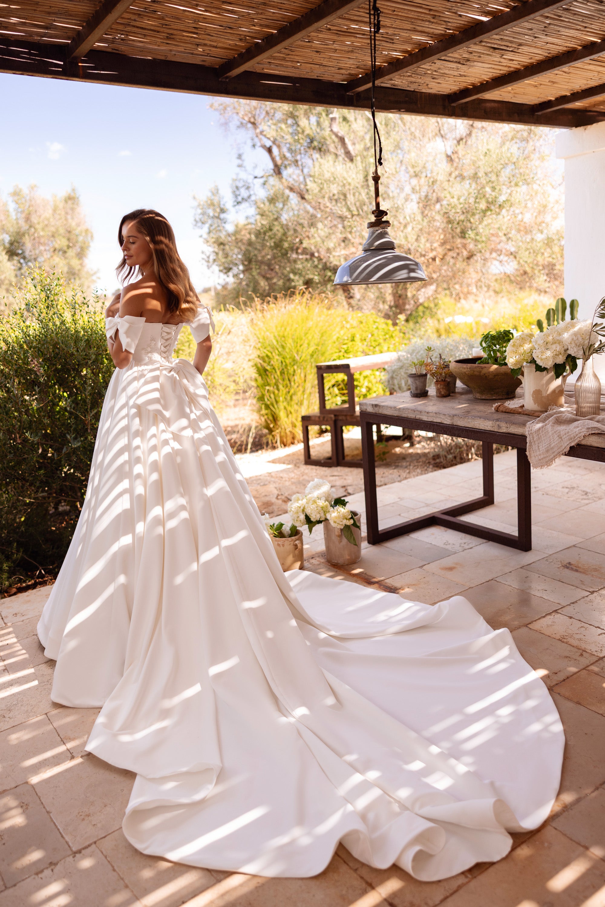Bardot Ball Gown Wedding Dress with Beaded Bodice and Bow Sleeves