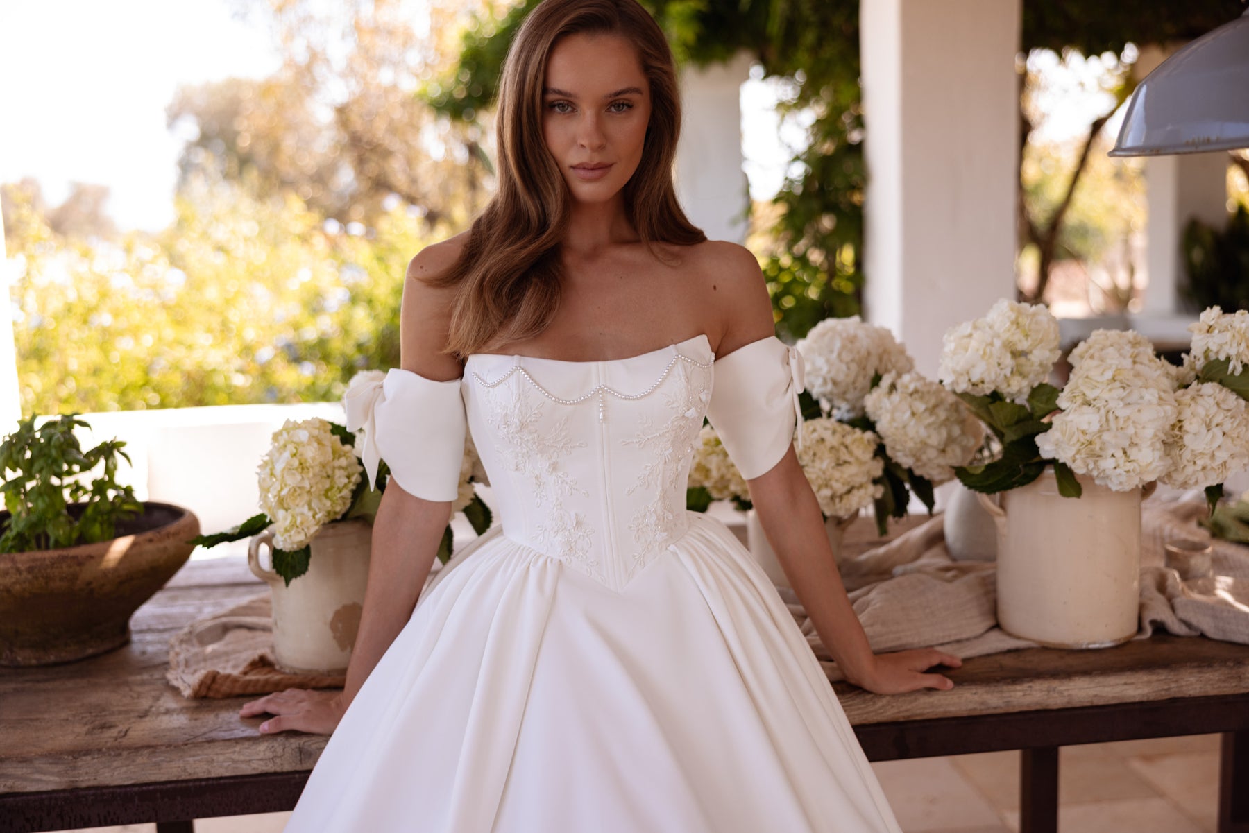 Bardot Ball Gown Wedding Dress with Beaded Bodice and Bow Sleeves