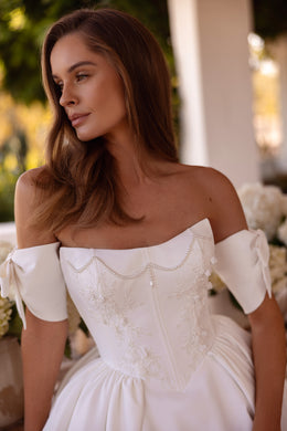 Bardot Ball Gown Wedding Dress with Beaded Bodice and Bow Sleeves