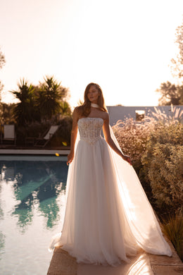 Sparkly Strapless Mini Wedding Dress with Detachable Tulle Overskirt