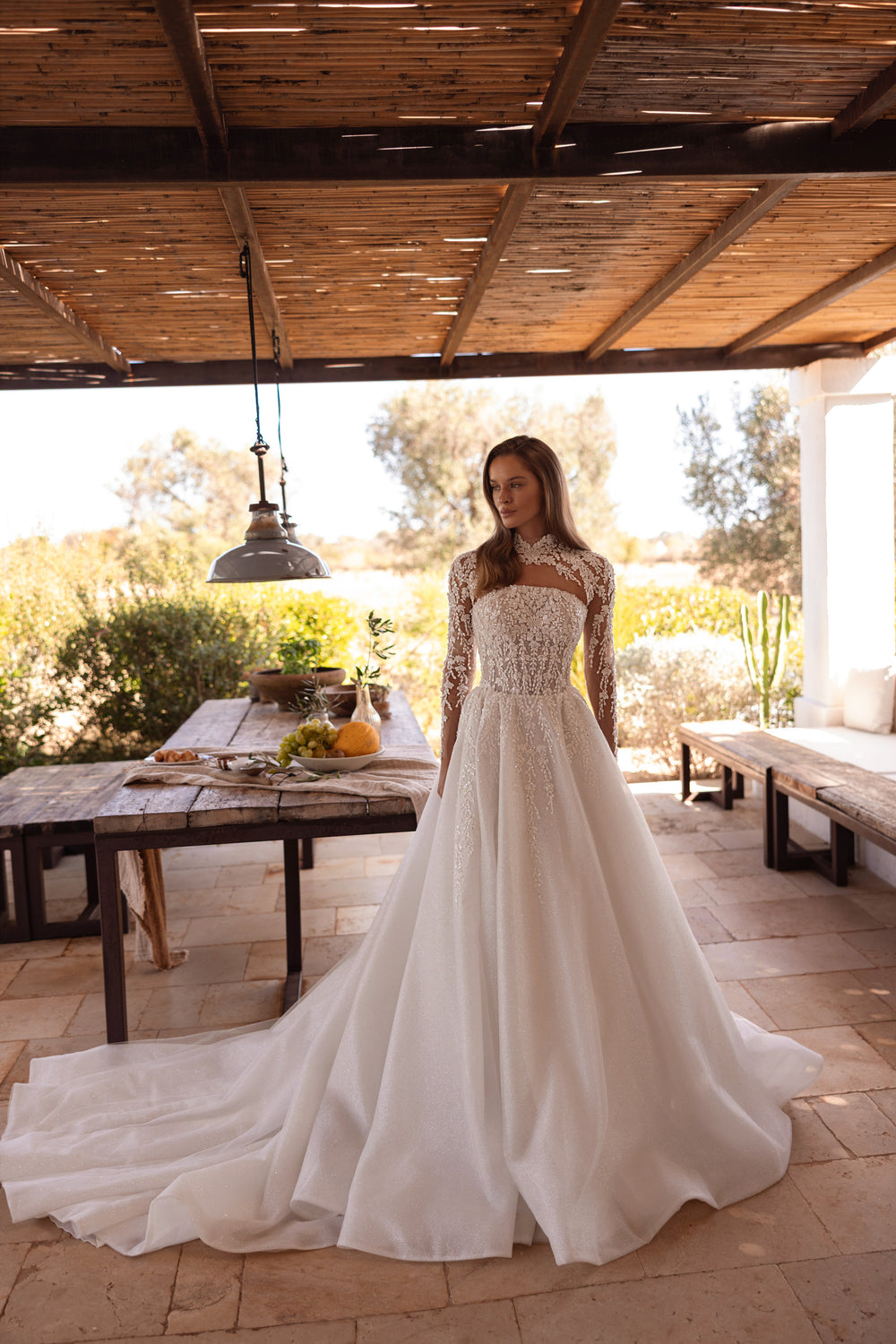 Sparkly Lace High Neck Long Sleeve A-Line Wedding Dress