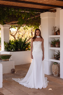 Strapless Lace Corset Sheath Wedding Dress with Detachable Cape