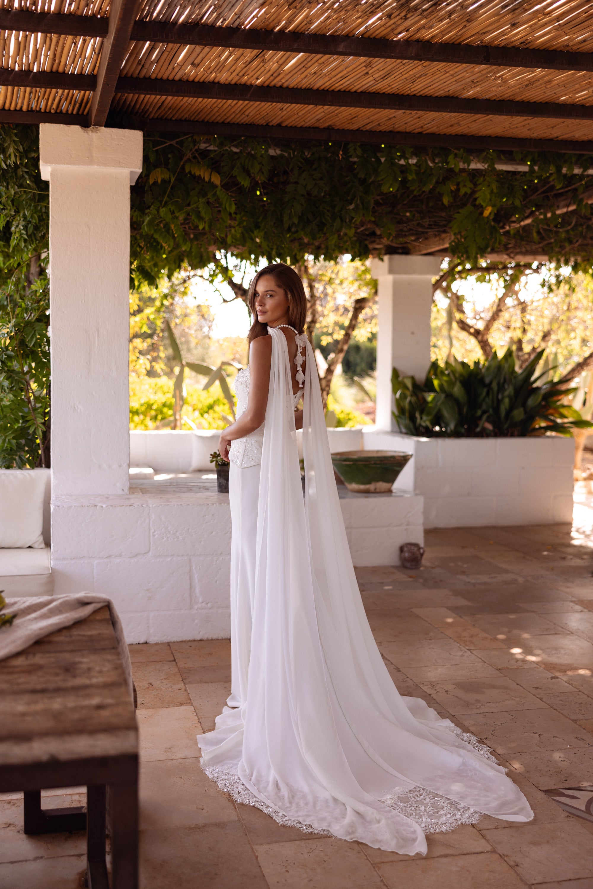 Strapless Lace Corset Sheath Wedding Dress with Detachable Cape