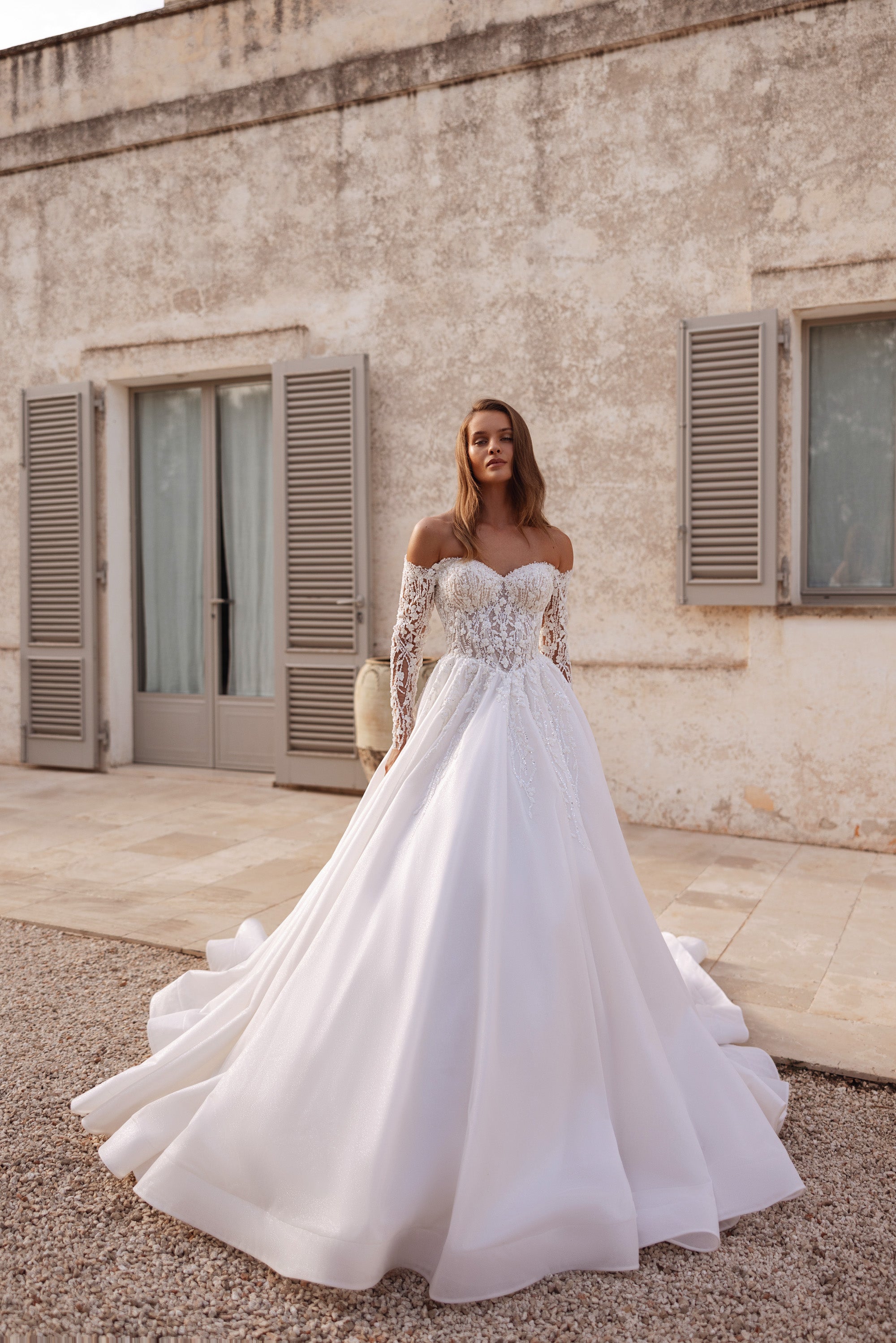 Off-the-Shoulder Lace Ball Gown Wedding Dress with Long Sleeves