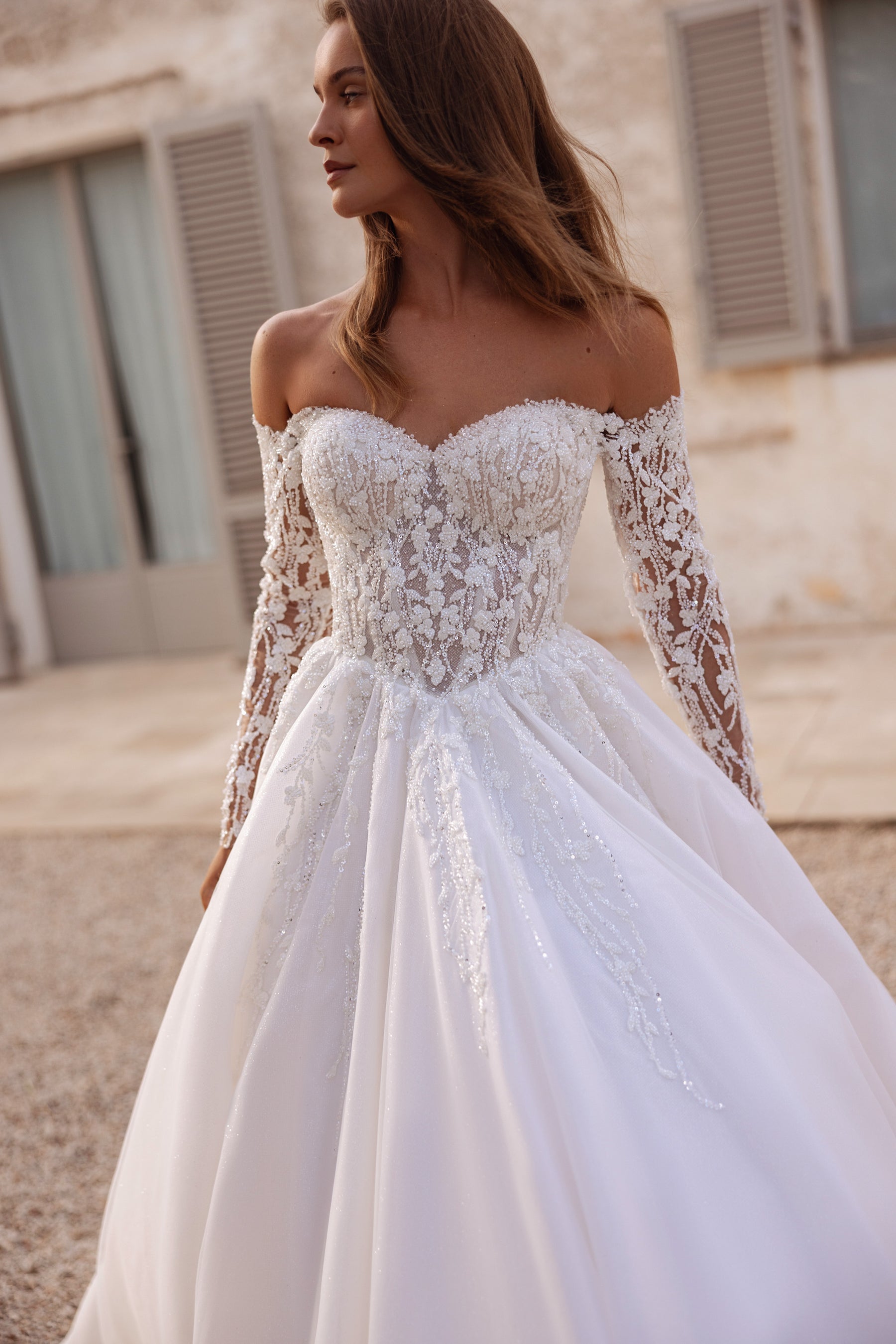 Off-the-Shoulder Lace Ball Gown Wedding Dress with Long Sleeves