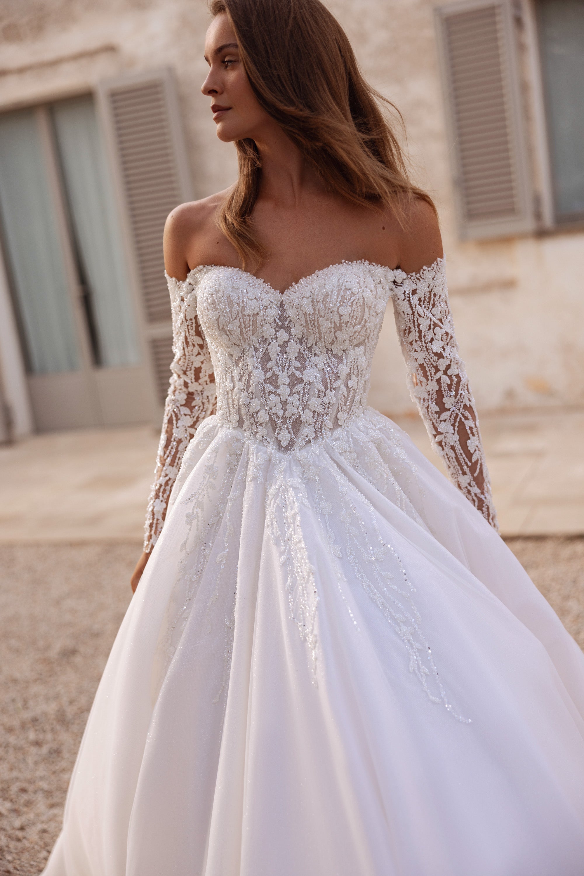 Off-the-Shoulder Lace Ball Gown Wedding Dress with Long Sleeves
