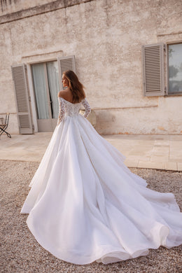 Off-the-Shoulder Lace Ball Gown Wedding Dress with Long Sleeves
