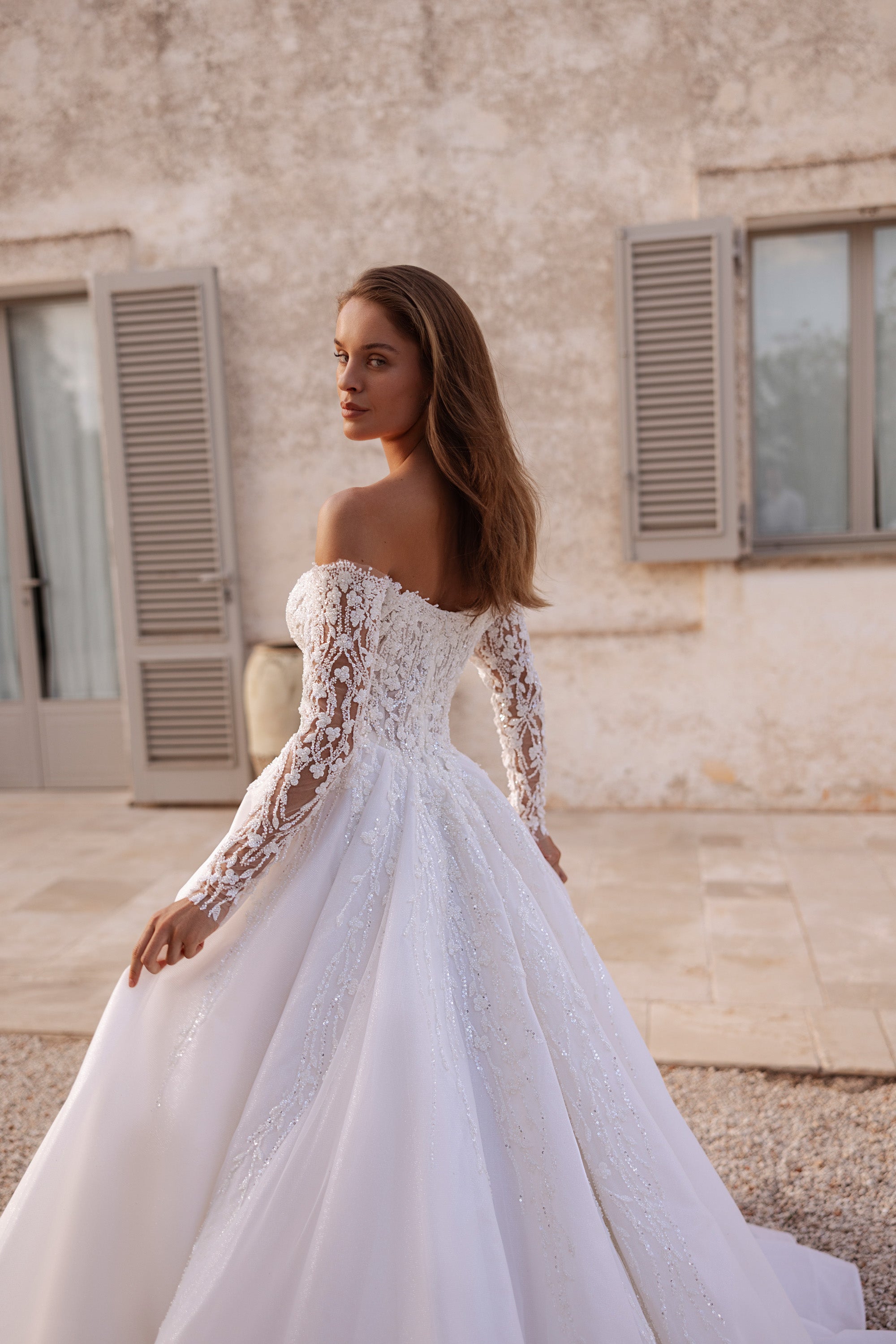 Off-the-Shoulder Lace Ball Gown Wedding Dress with Long Sleeves