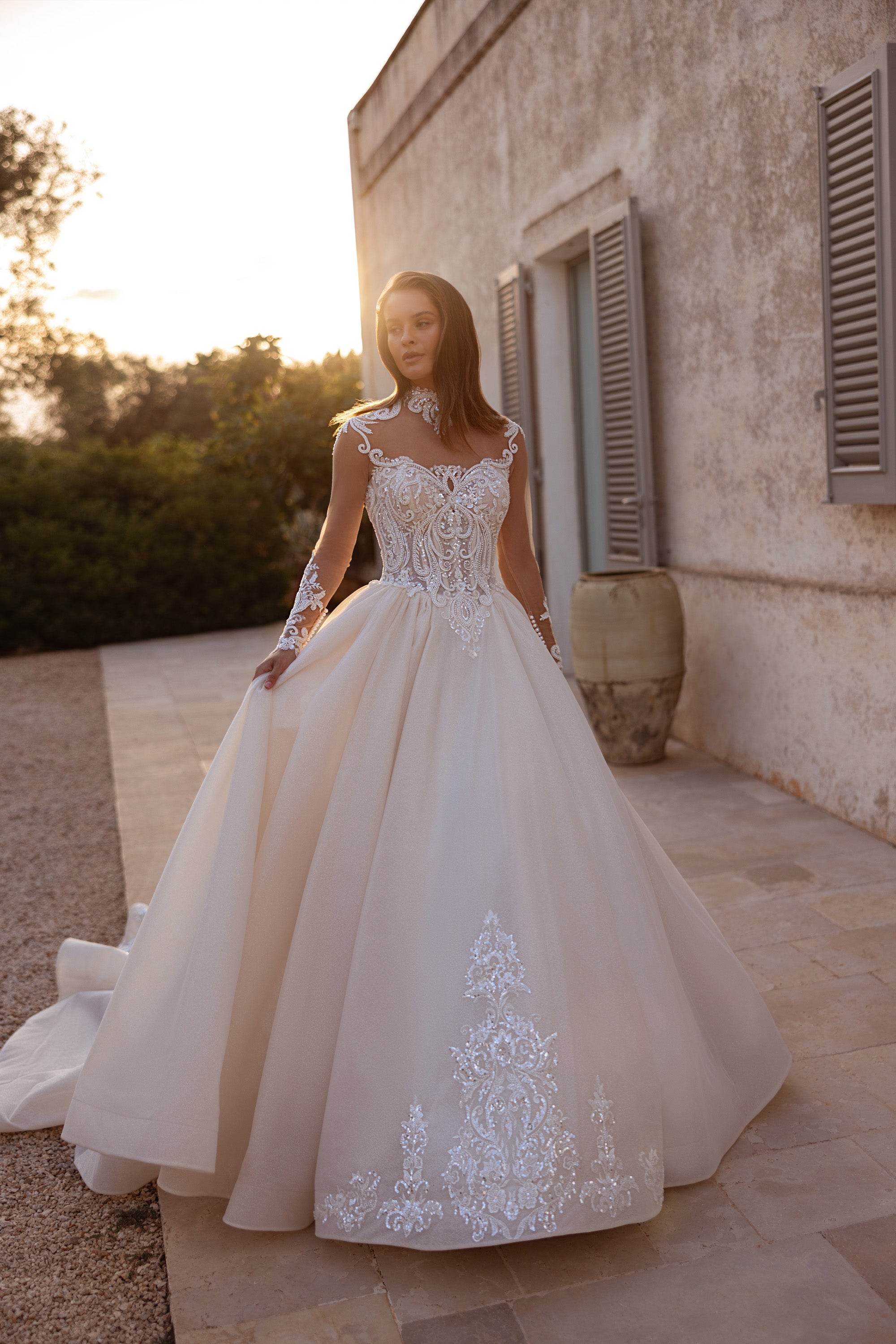 Illusion Long Sleeve Ball Gown Wedding Dress with Lace Bodice
