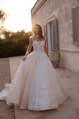 Illusion Long Sleeve Ball Gown Wedding Dress with Lace Bodice