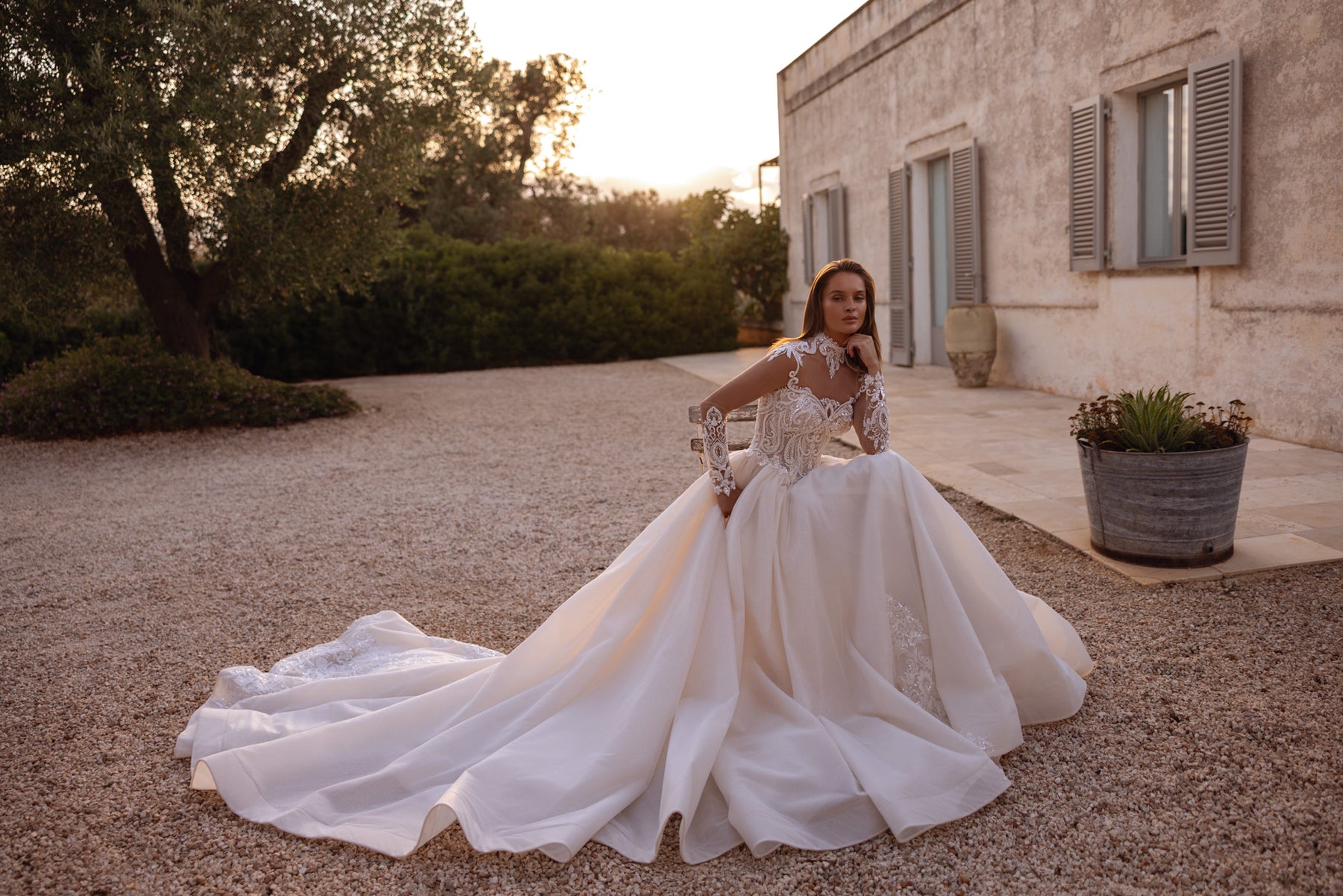 Illusion Long Sleeve Ball Gown Wedding Dress with Lace Bodice