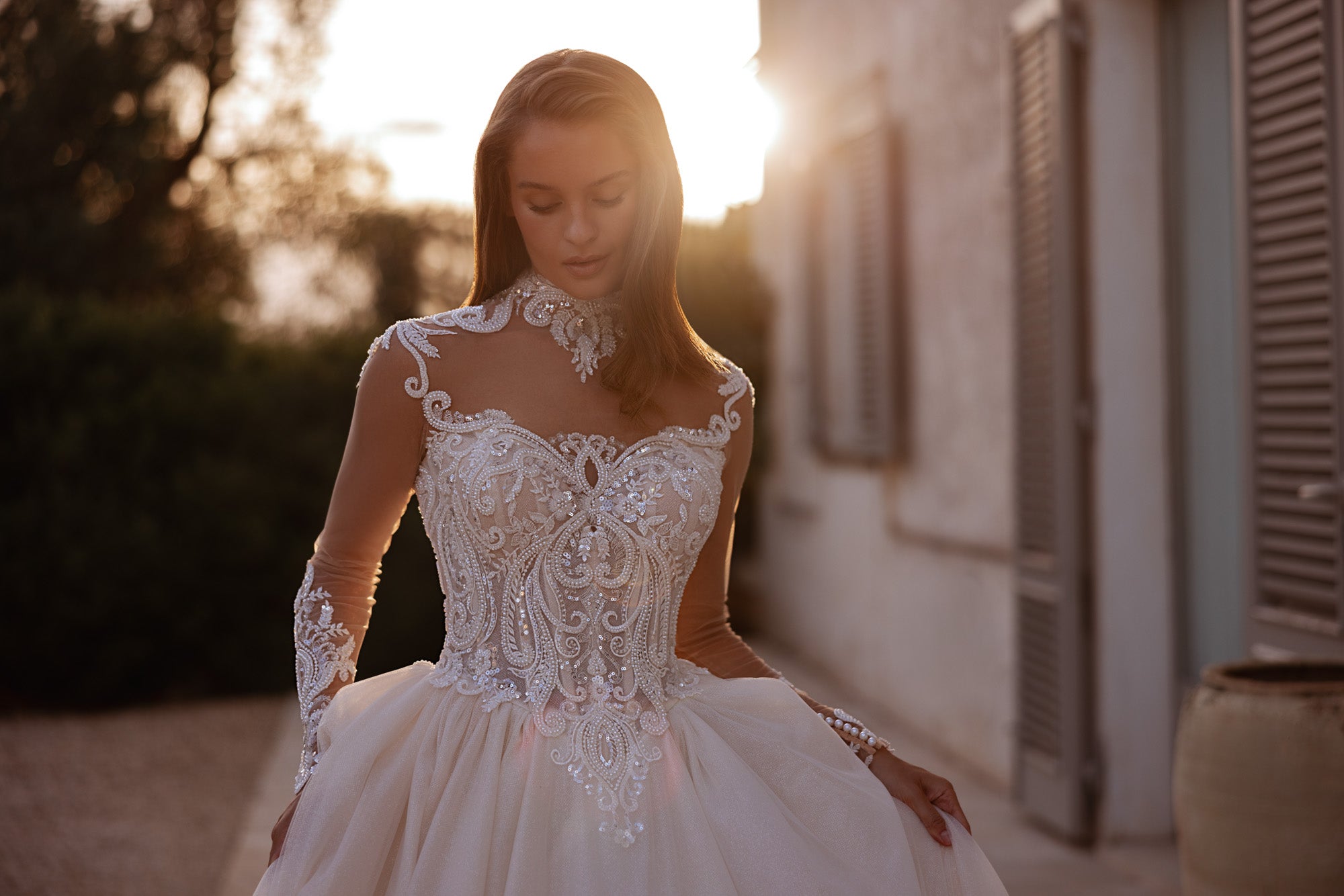 Illusion Long Sleeve Ball Gown Wedding Dress with Lace Bodice