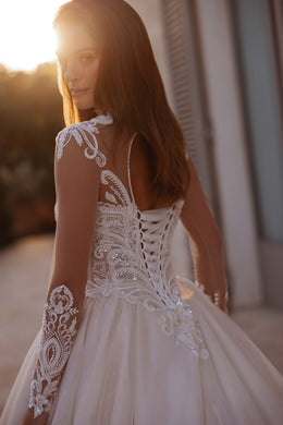 Illusion Long Sleeve Ball Gown Wedding Dress with Lace Bodice