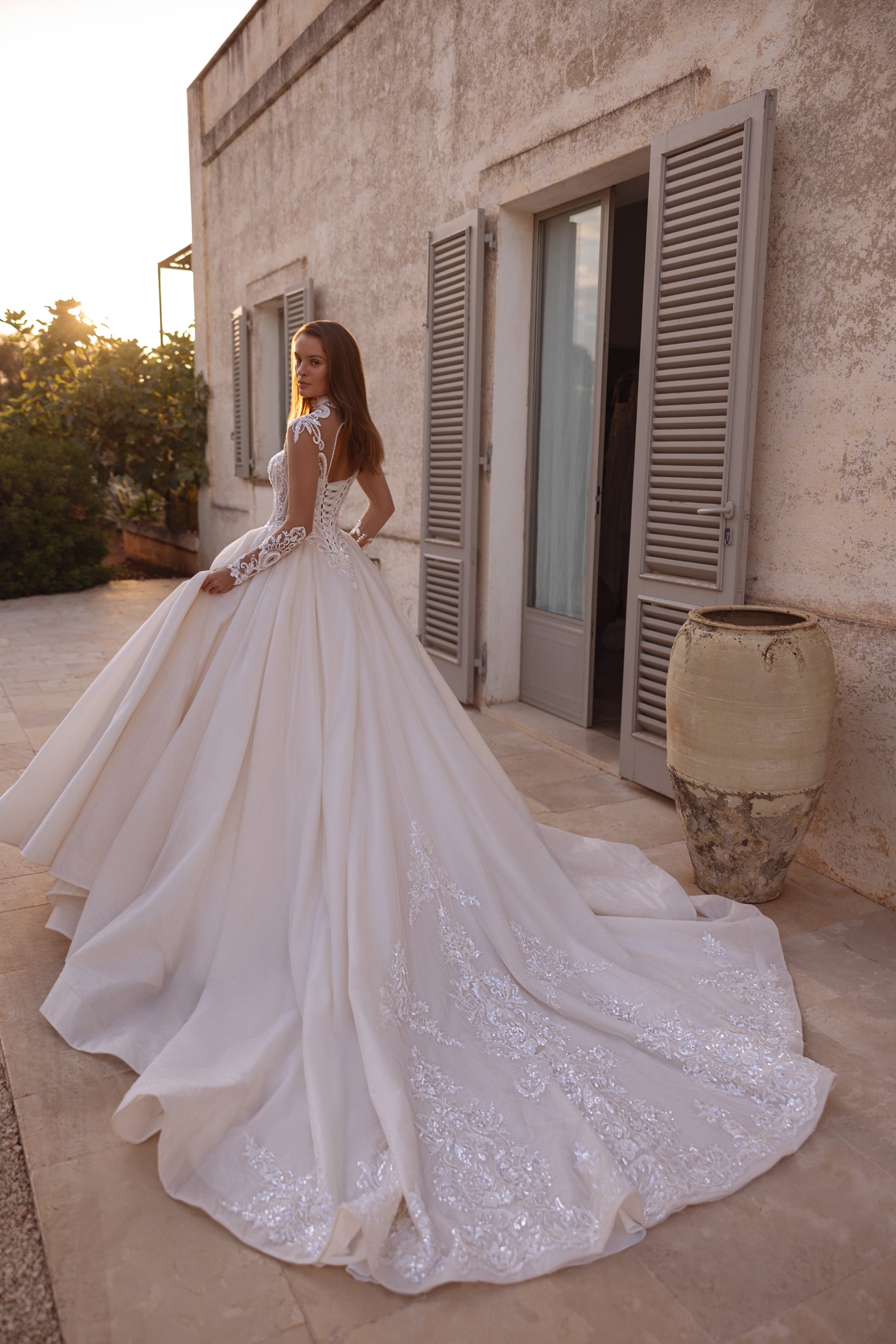 Illusion Long Sleeve Ball Gown Wedding Dress with Lace Bodice