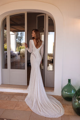 Long Sleeve Beaded Sheath Wedding Dress with Open Back