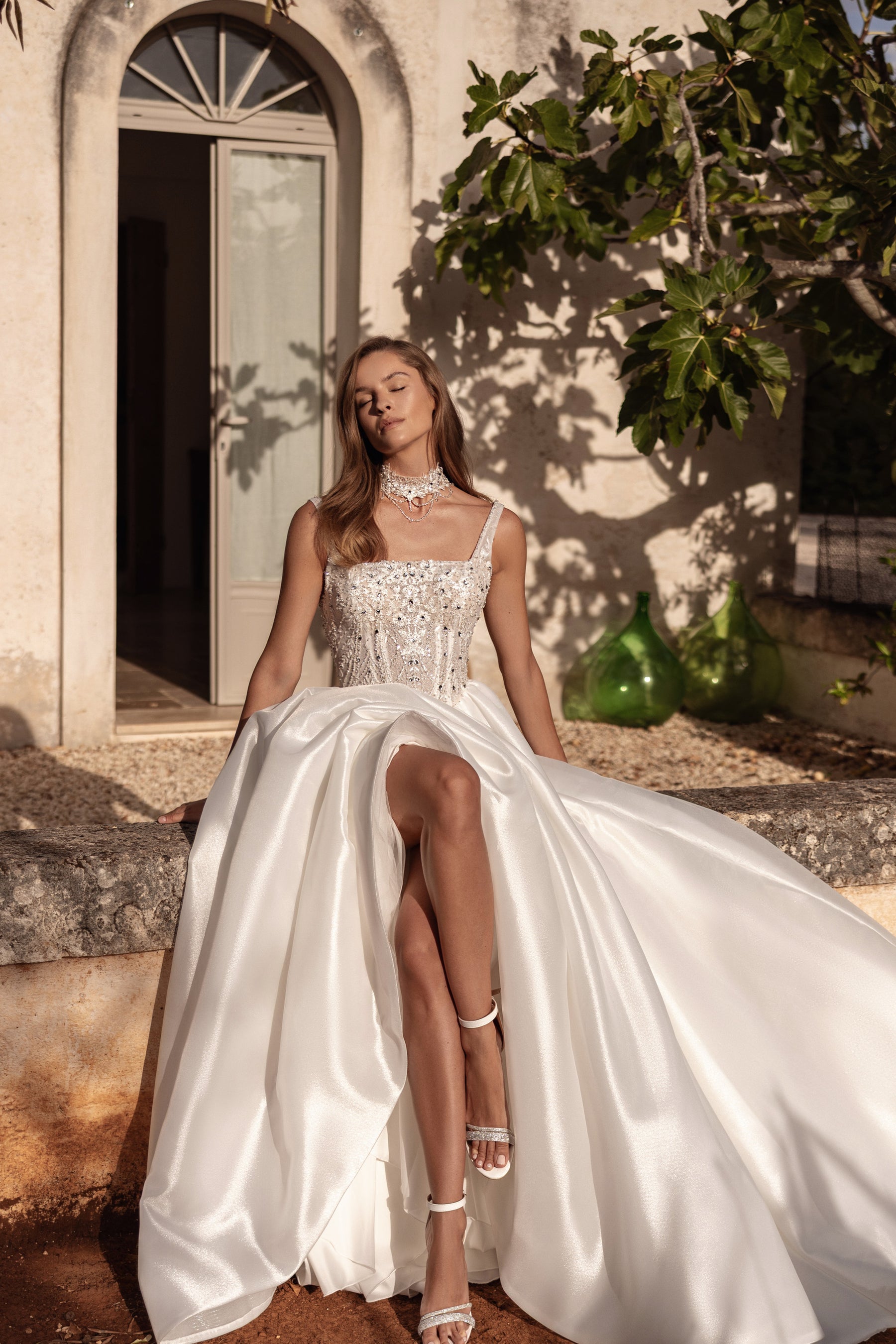 Mikado A-Line Wedding Dress with Detachable Illusion Sleeves