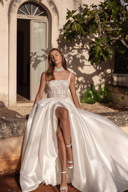 Mikado A-Line Wedding Dress with Detachable Illusion Sleeves