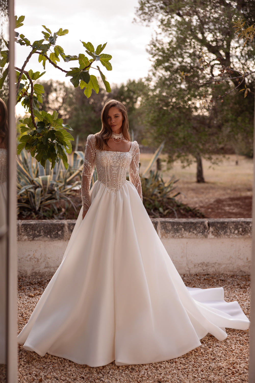 Mikado A-Line Wedding Dress with Detachable Illusion Sleeves