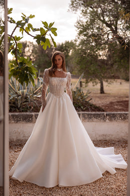 Mikado A-Line Wedding Dress with Detachable Illusion Sleeves