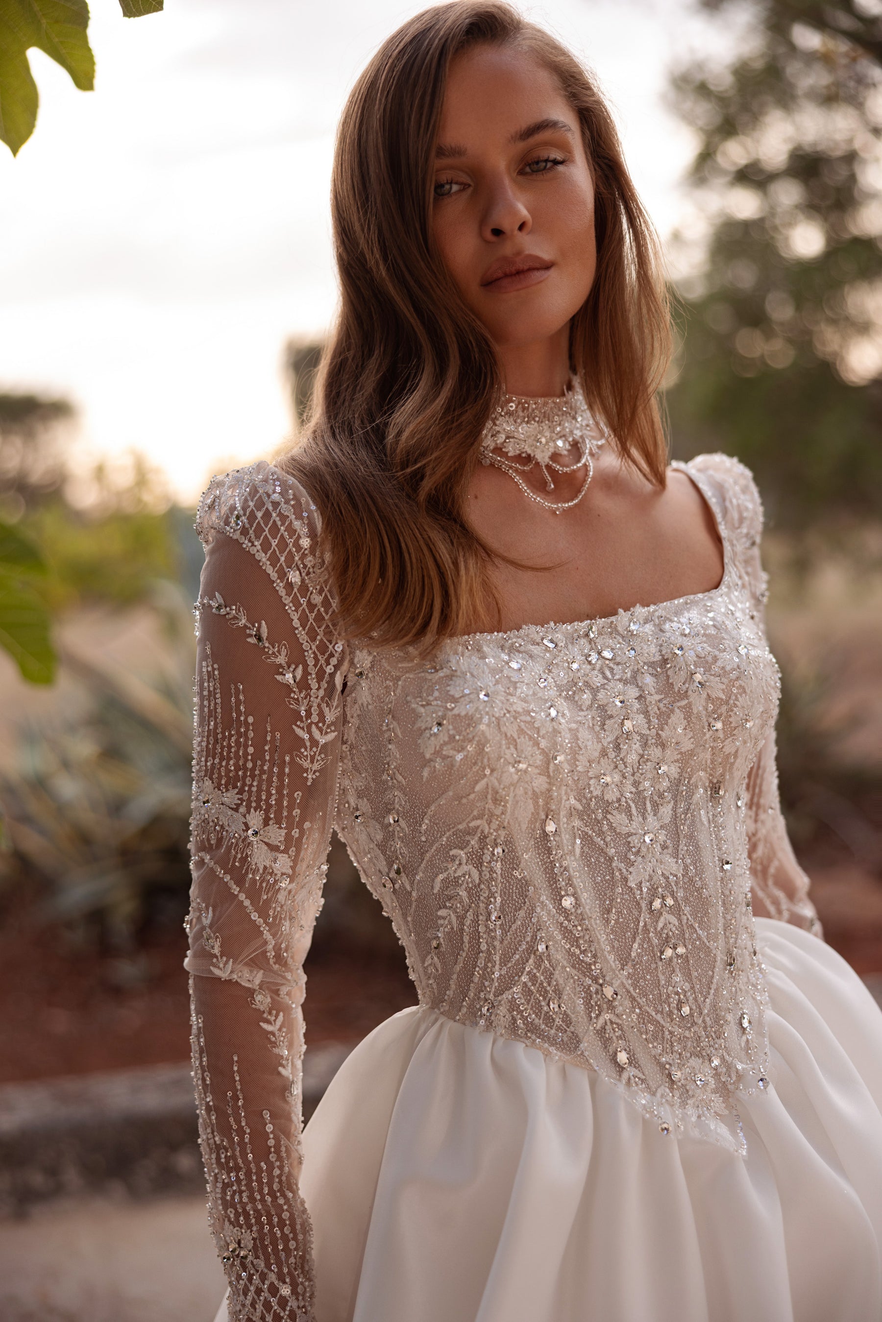 Mikado A-Line Wedding Dress with Detachable Illusion Sleeves