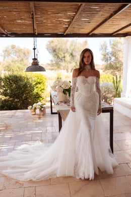 Sparkly Lace Mermaid Wedding Dress with Detachable Tulle Overskirt