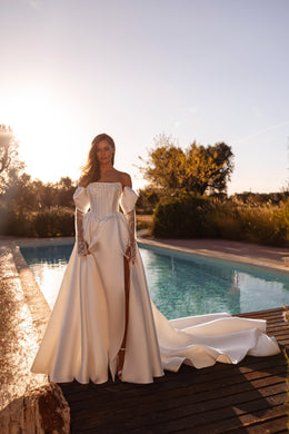 Strapless Satin A-Line Wedding Dress with Detachable Lace Sleeves