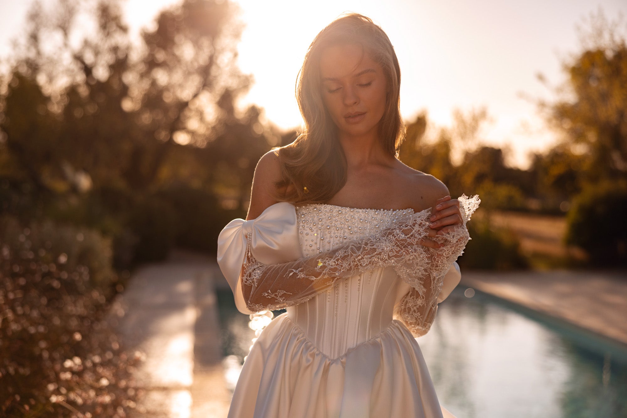 Strapless Satin A-Line Wedding Dress with Detachable Lace Sleeves