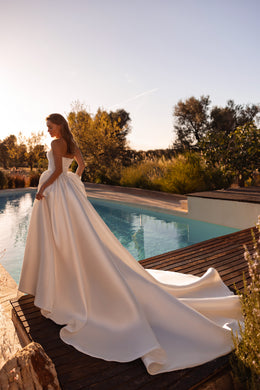 Strapless Satin A-Line Wedding Dress with Detachable Lace Sleeves