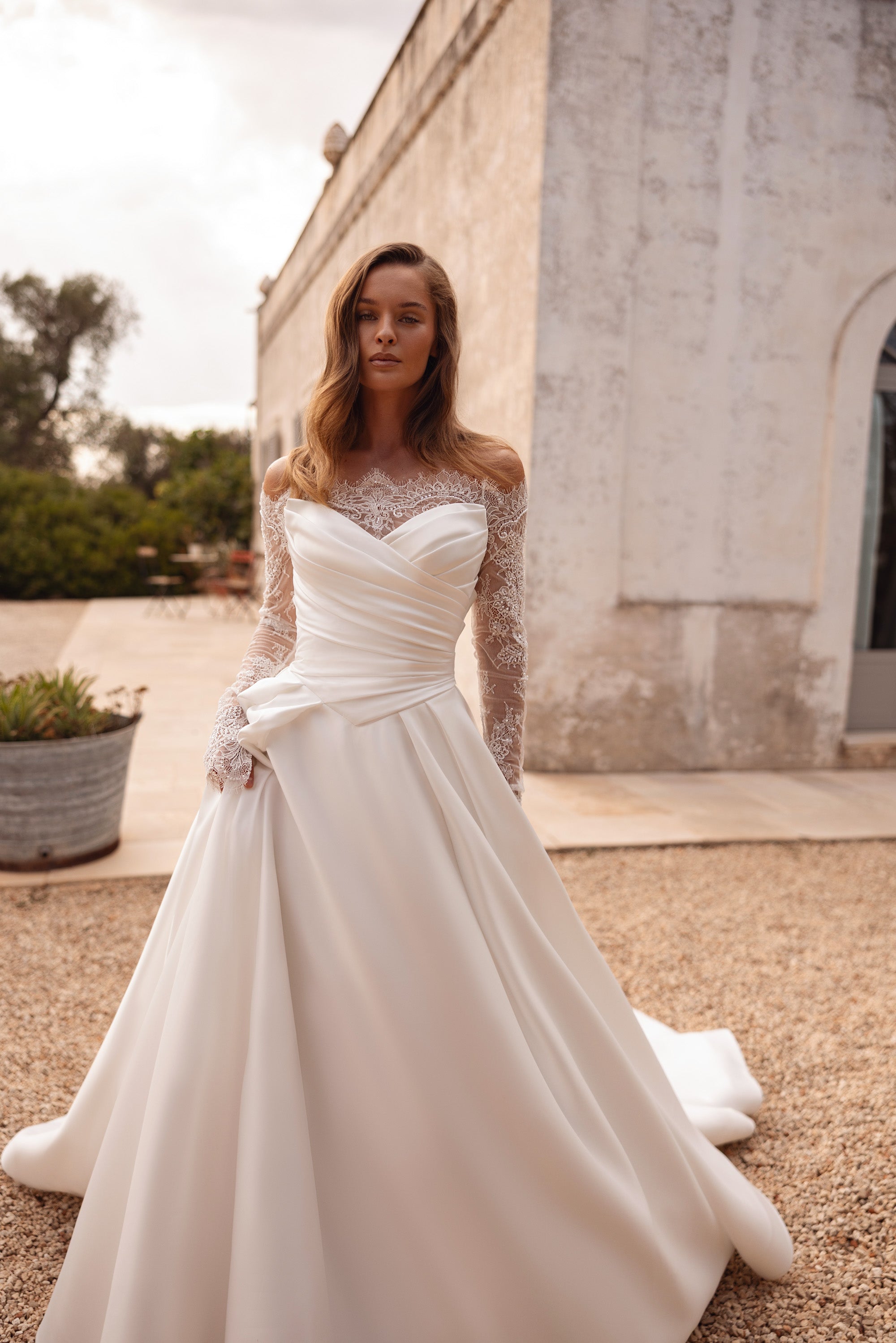 Draped Satin A-Line Wedding Dress with Detachable Lace Sleeves
