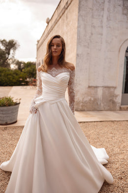 Draped Satin A-Line Wedding Dress with Detachable Lace Sleeves
