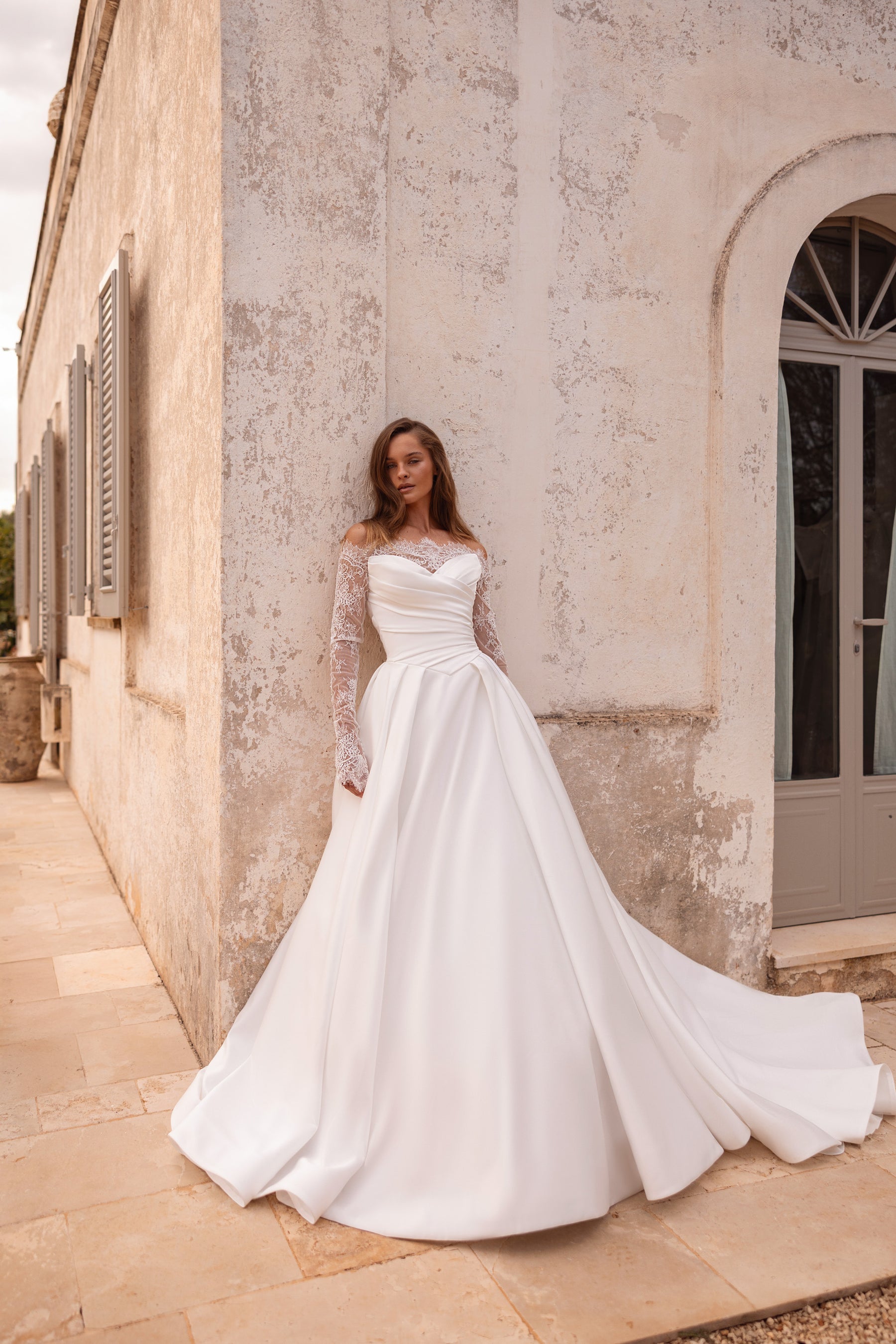 Draped Satin A-Line Wedding Dress with Detachable Lace Sleeves