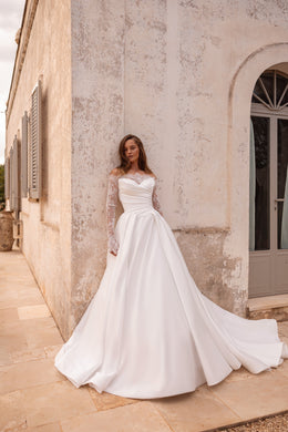 Draped Satin A-Line Wedding Dress with Detachable Lace Sleeves