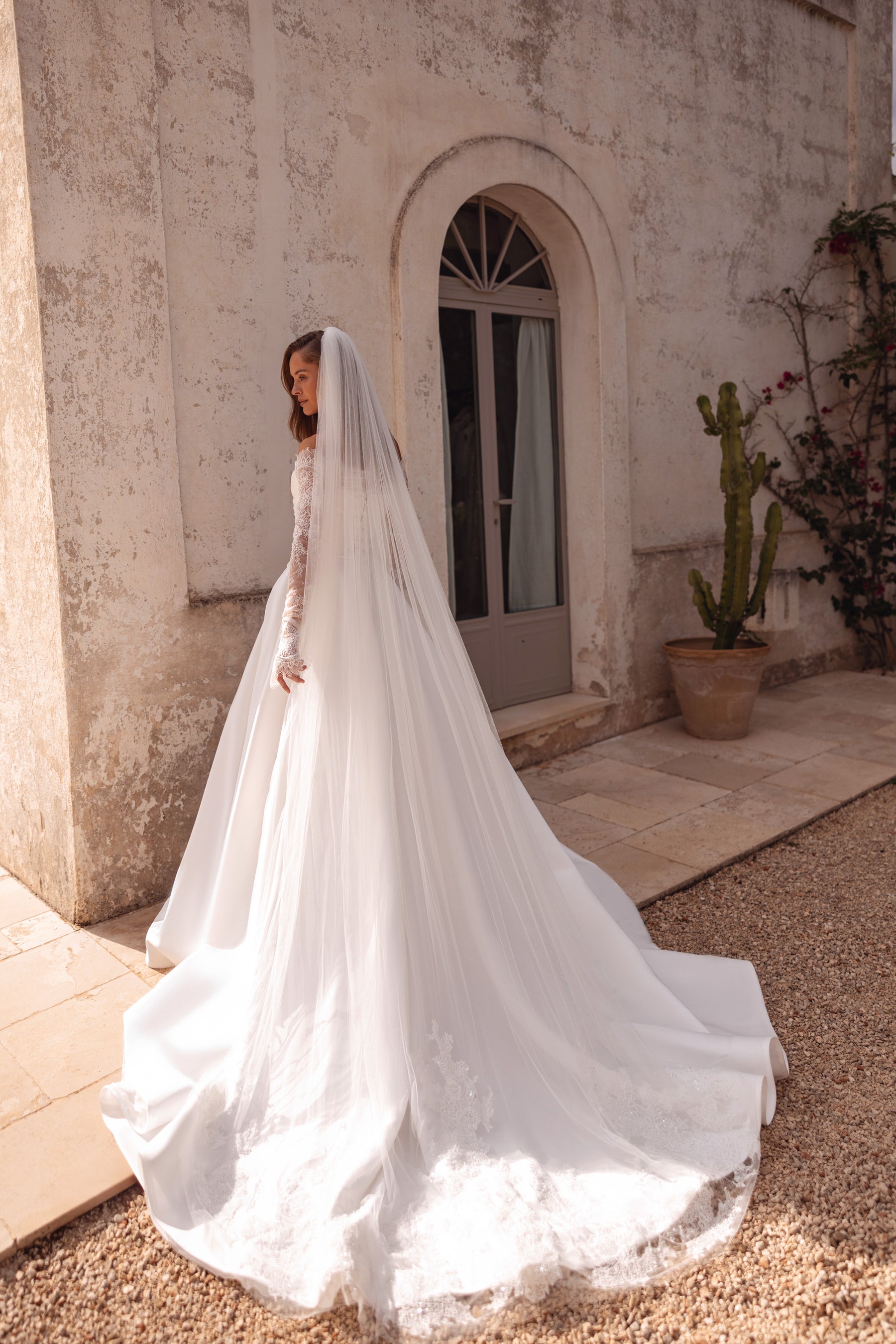 Draped Satin A-Line Wedding Dress with Detachable Lace Sleeves