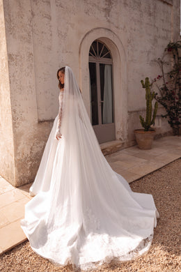 Draped Satin A-Line Wedding Dress with Detachable Lace Sleeves