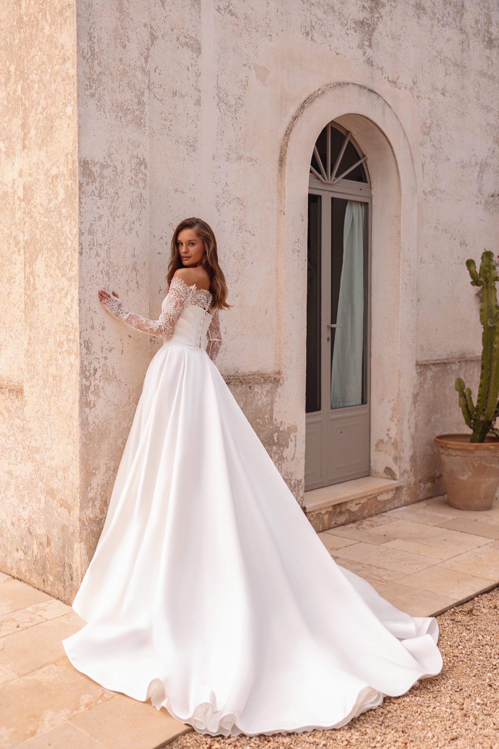 Draped Satin A-Line Wedding Dress with Detachable Lace Sleeves
