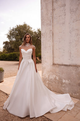 Draped Satin A-Line Wedding Dress with Detachable Lace Sleeves