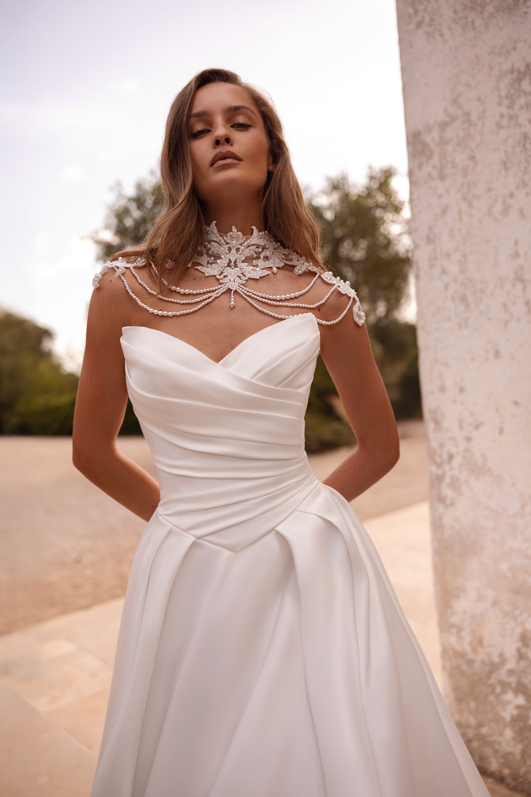 Draped Satin A-Line Wedding Dress with Detachable Lace Sleeves