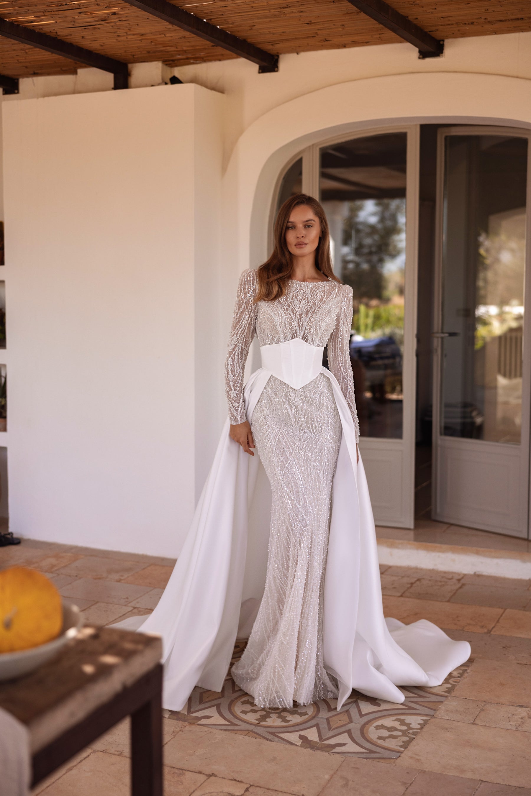 Beaded Long Sleeve Sheath Wedding Dress with Detachable Overskirt