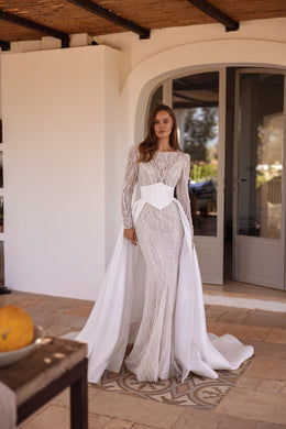 Beaded Long Sleeve Sheath Wedding Dress with Detachable Overskirt