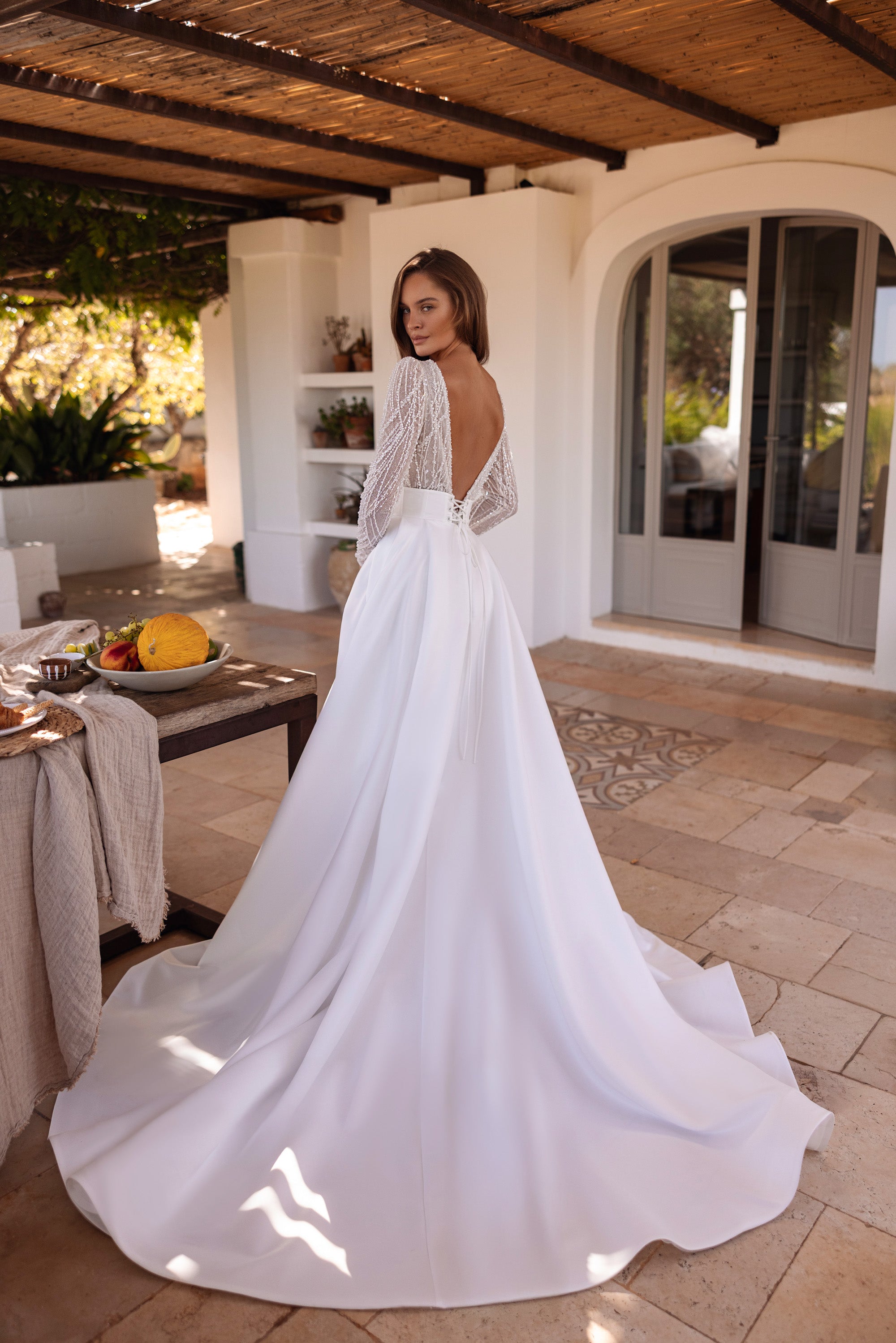 Beaded Long Sleeve Sheath Wedding Dress with Detachable Overskirt