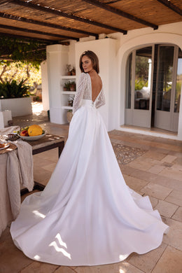Beaded Long Sleeve Sheath Wedding Dress with Detachable Overskirt