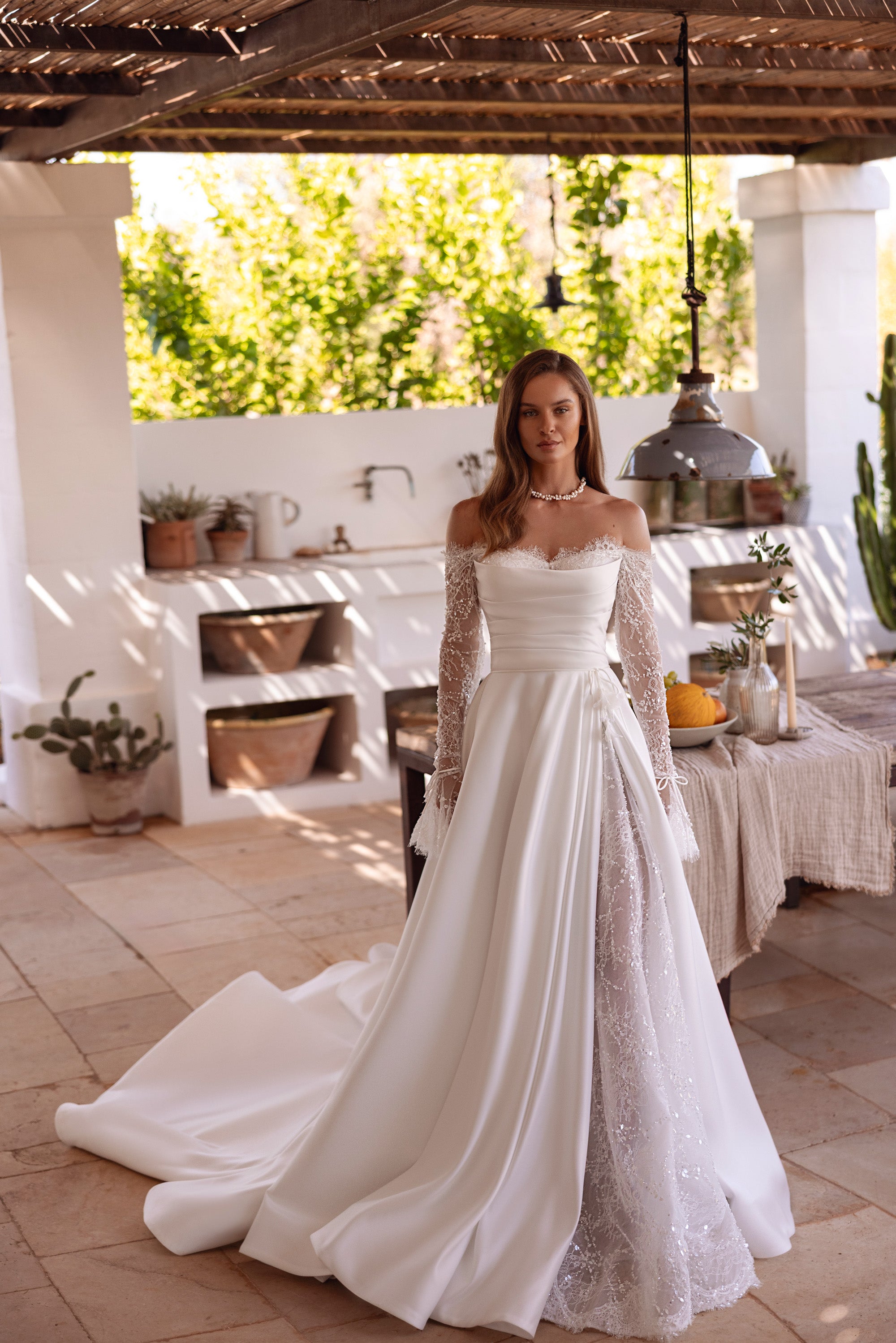 Off-the-Shoulder A-Line Wedding Dress with Lace Long Sleeves