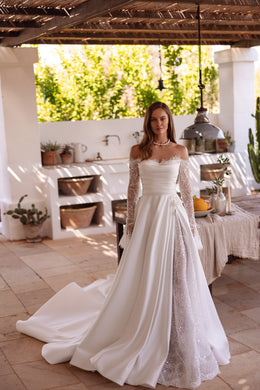 Off-the-Shoulder A-Line Wedding Dress with Lace Long Sleeves