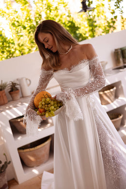 Off-the-Shoulder A-Line Wedding Dress with Lace Long Sleeves