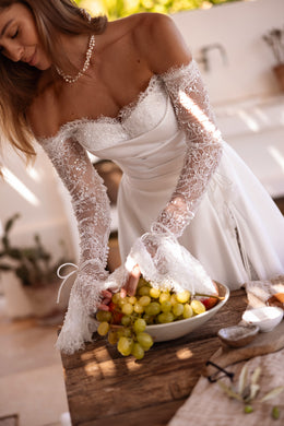 Off-the-Shoulder A-Line Wedding Dress with Lace Long Sleeves