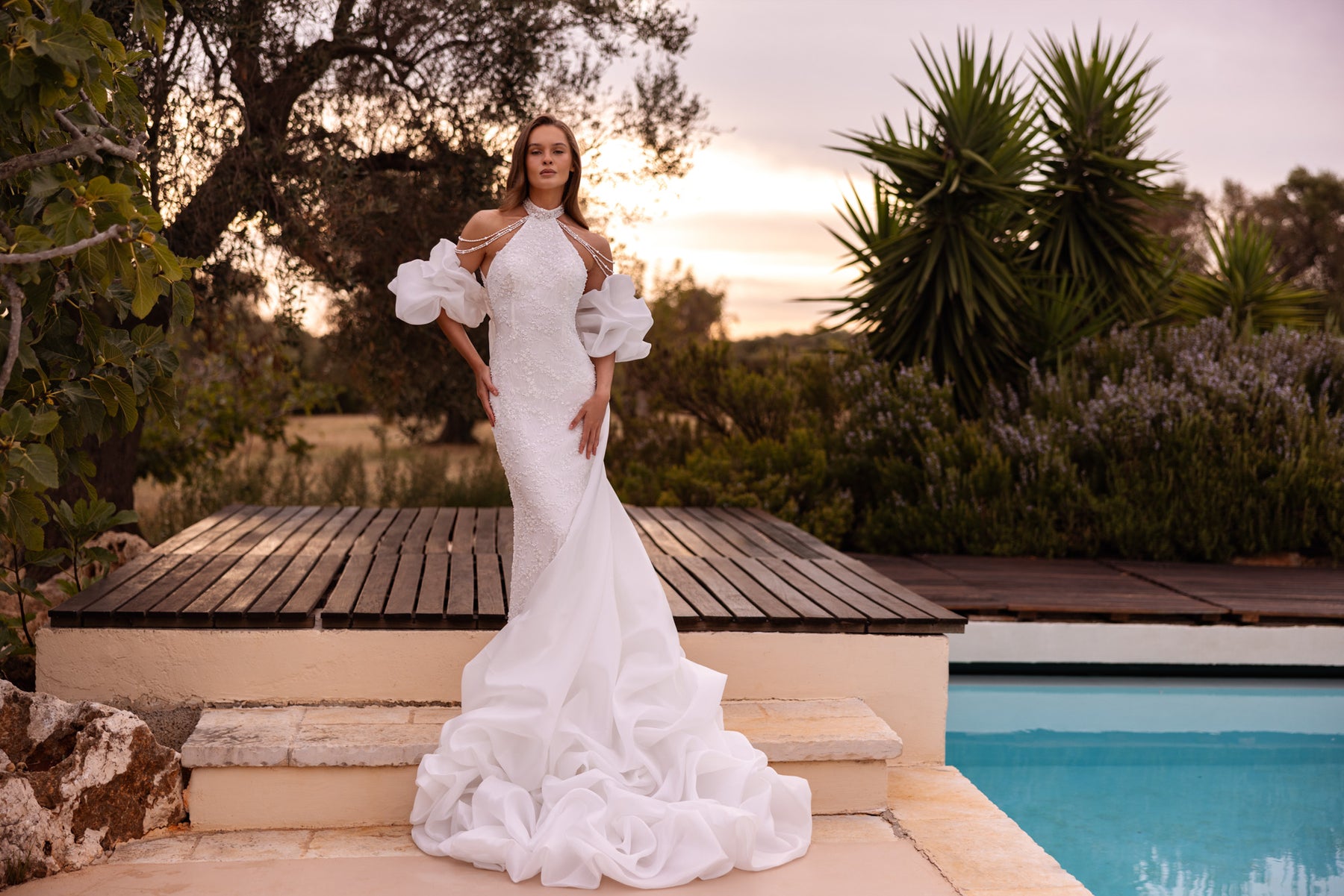 Halter Sheath Wedding Dress with Detachable Puff Sleeves and Overskirt
